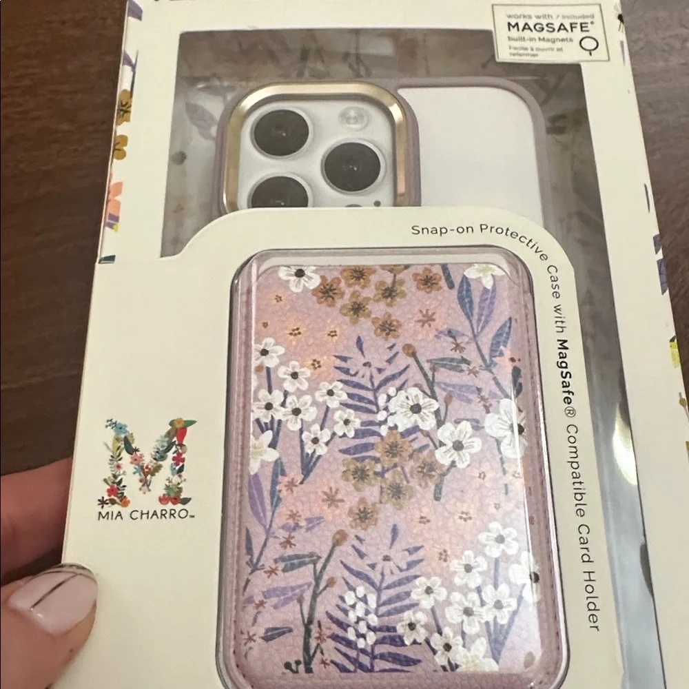 Mia Charro purple and white case with floral card holder for iPhone 15 pro max